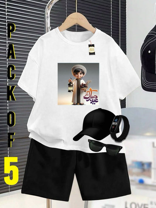 PACK OF 5 WITH EID MUBARAK PRINT ON SHIRTS FOR KIDS