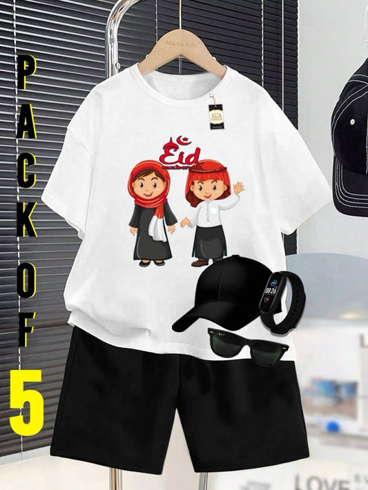 PACK OF 5 WITH EID MUBARAK PRINT ON SHIRTS FOR KIDS