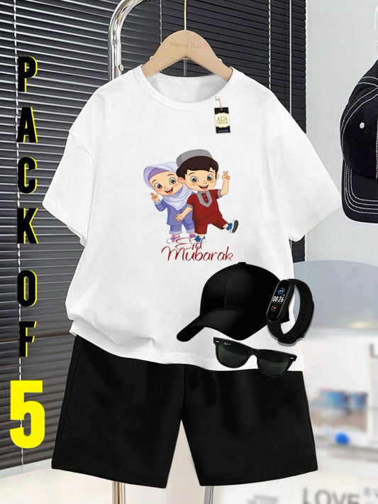PACK OF 5 WITH EID MUBARAK PRINT ON SHIRTS FOR KIDS