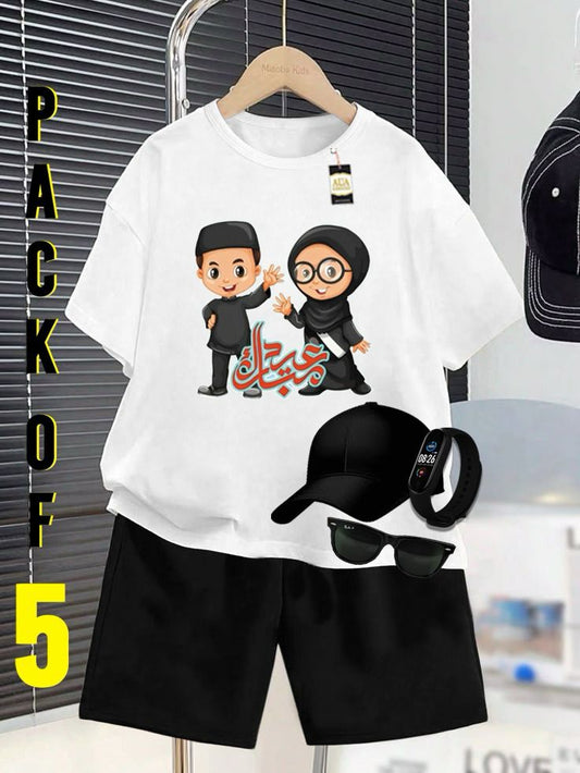 PACK OF 5 WITH EID MUBARAK PRINT ON SHIRTS FOR KIDS