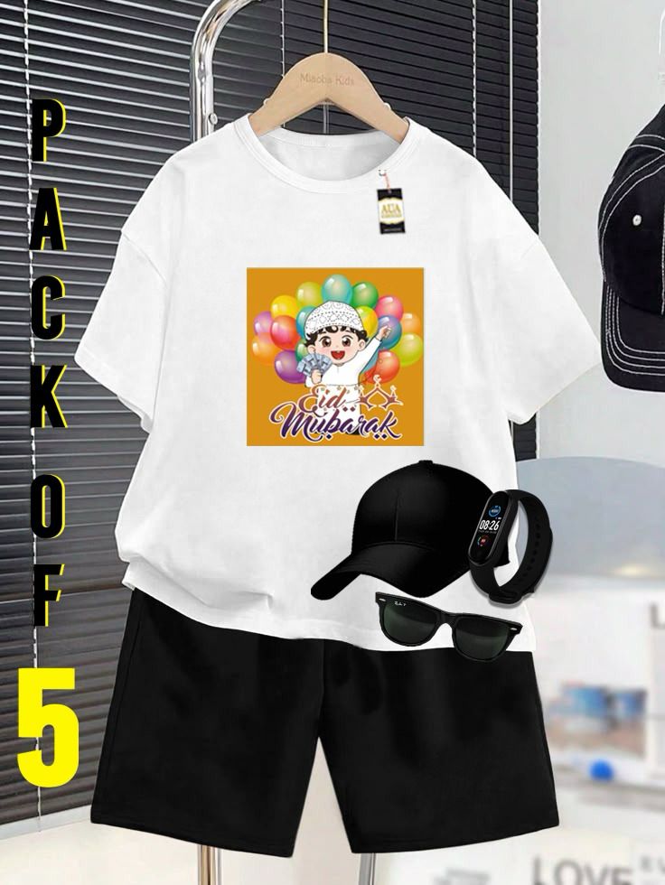 PACK OF 5 WITH EID MUBARAK PRINT ON SHIRTS FOR KIDS