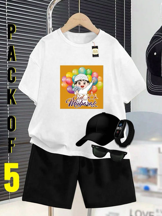PACK OF 5 WITH EID MUBARAK PRINT ON SHIRTS FOR KIDS