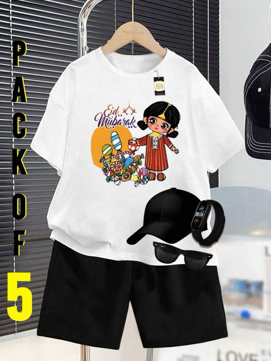 PACK OF 5 WITH EID MUBARAK PRINT ON SHIRTS FOR KIDS