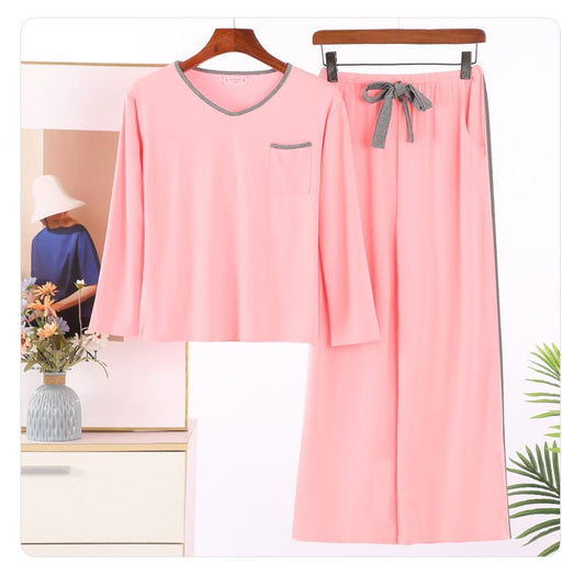Plain Pink With Grey Pocket T-shirt With Plazzo Pajama Suit  (AA-105)