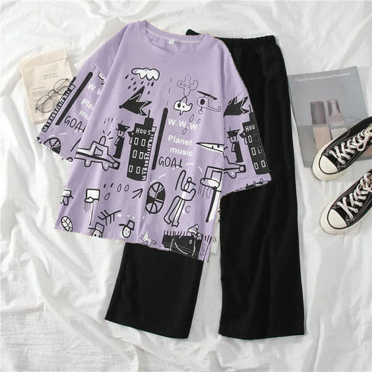 Purple Multi Printed Half Sleeves T-shirt With Plain Black Trouser Suit (AA-181)