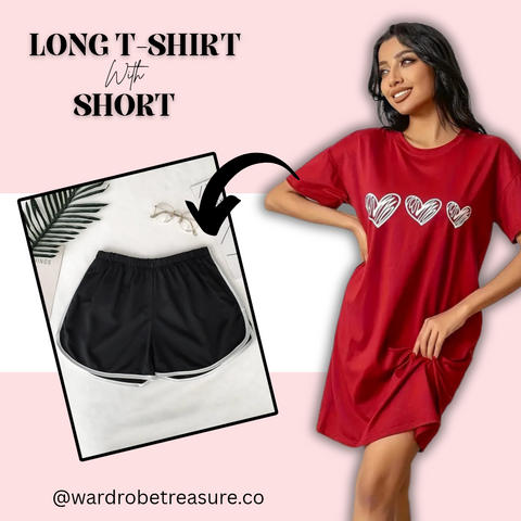 Red with Hearts Printed Long Tee For Her
