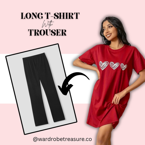 Red with Hearts Printed Long Tee For Her