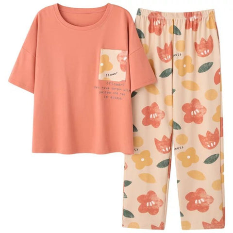 Pink Flower Pattern Printed PJ Set For Her