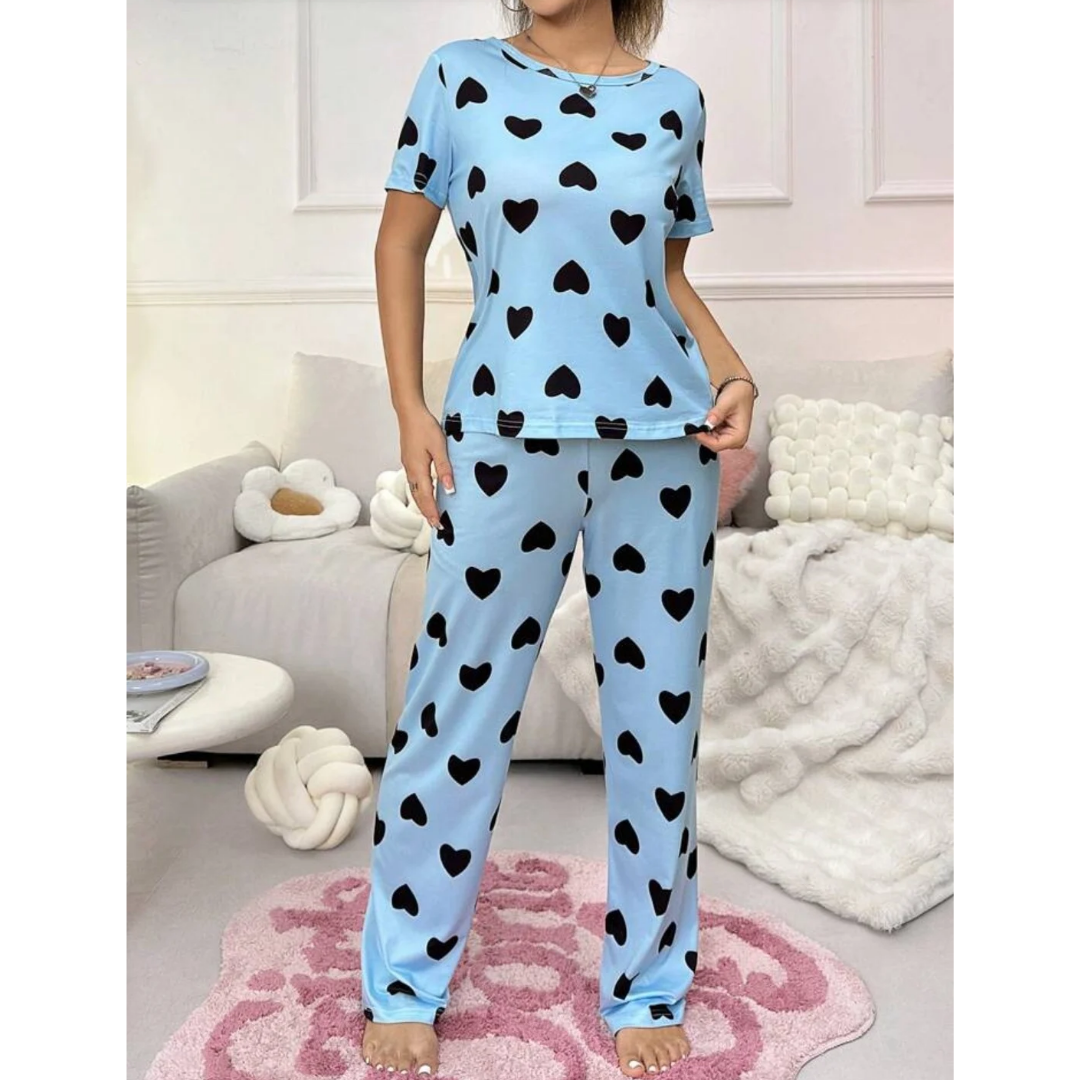 Blue With Black Hearts Print Half Sleeves T-shirt With Hearts Printed Trouser Suit (AA-188)