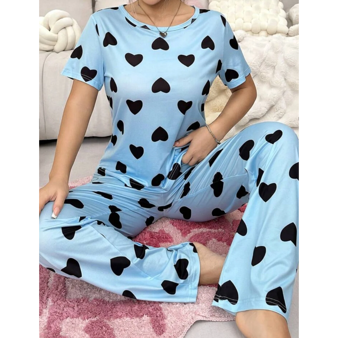 Blue With Black Hearts Print Half Sleeves T-shirt With Hearts Printed Trouser Suit (AA-188)