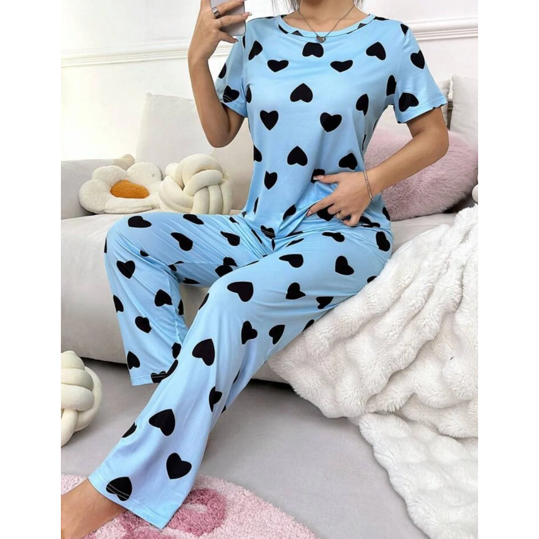 Blue With Black Hearts Print Half Sleeves T-shirt With Hearts Printed Trouser Suit (AA-188)